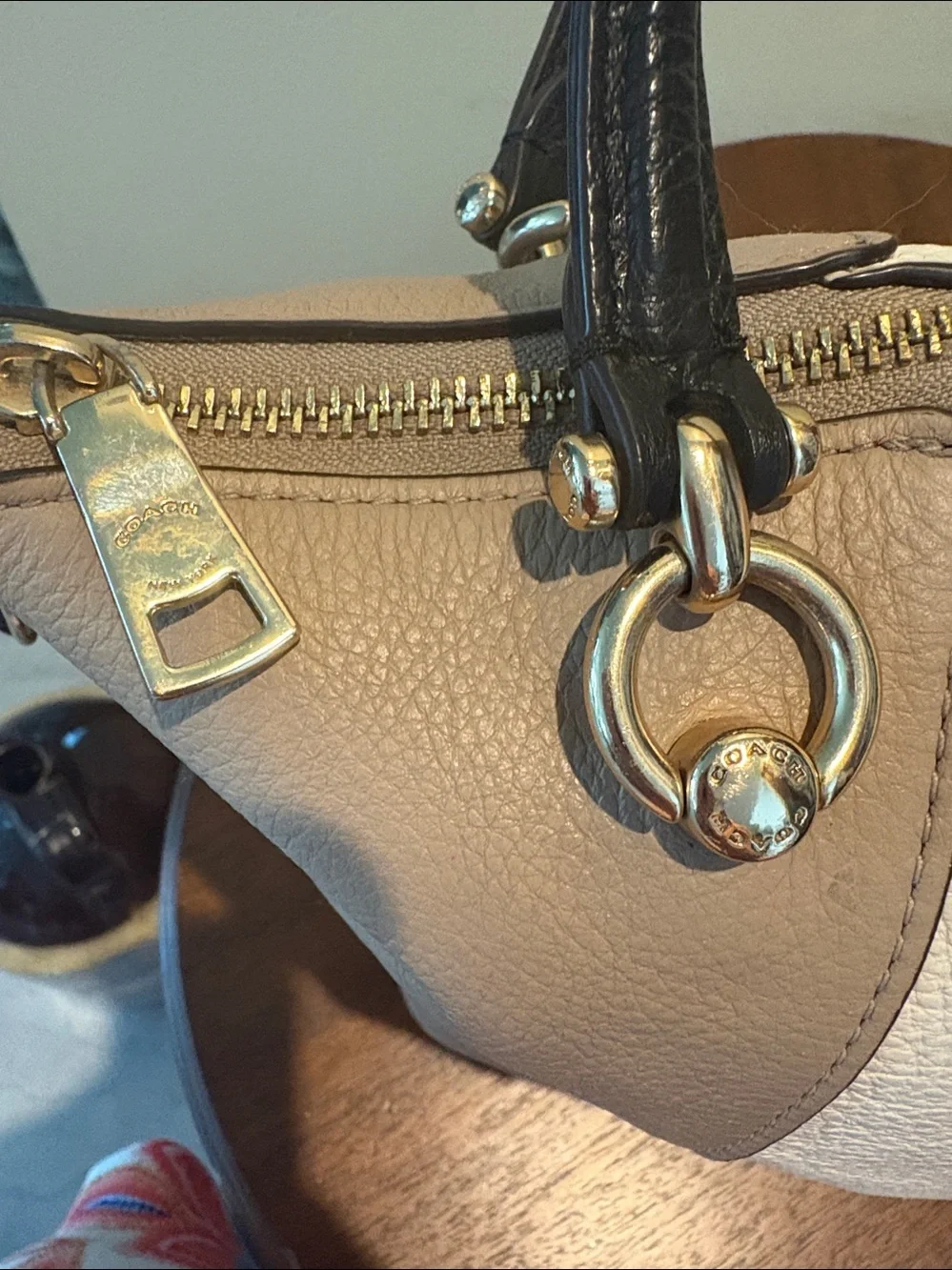 Coach Satchel shoulder bag Crossbody bag color block cream taupe black/goldtone